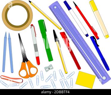 A collection of office equipment, all plain colors, no meshes for easy editing. Stock Photo