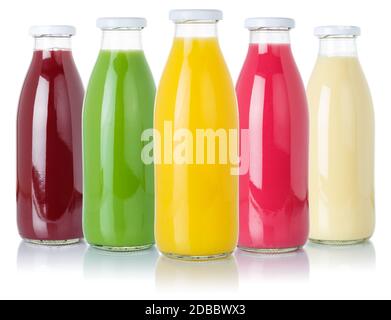 Fruit juice smoothies fruits orange drinks collection bottles isolated on a white background Stock Photo