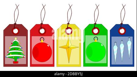 A collection of six Christmas tags in different colors with background patterns. Stock Photo