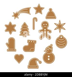 Set of Christmas gingerbread - sock, snowflake, snowman, gingerbread man, hat, heart, Christmas tree. Vector stock illustration. Isolate on a white Stock Vector