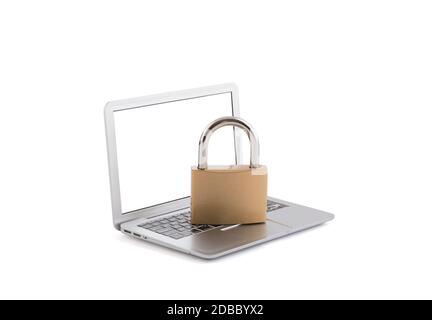 Computer security concept. Padlock on laptop isolated on white with clipping path Stock Photo