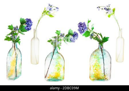 set of artificial flowers in hand painted glass bottles isolated on white background