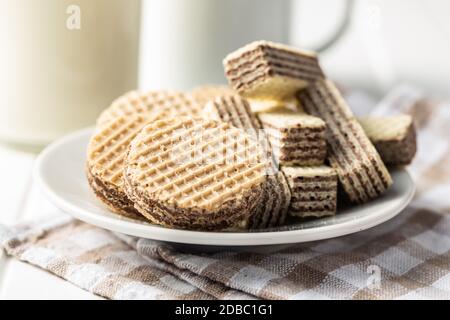 Sweet wafer biscuits on plate. Stock Photo