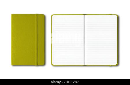 Olive green closed and open lined notebooks mockup isolated on white Stock Photo