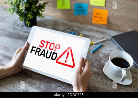 Stop Fraud banner on screen. Cybercrime and internet security concept Stock Photo