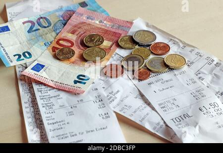 Money and bills. Cash receipt obligation in shops in Germany Stock Photo