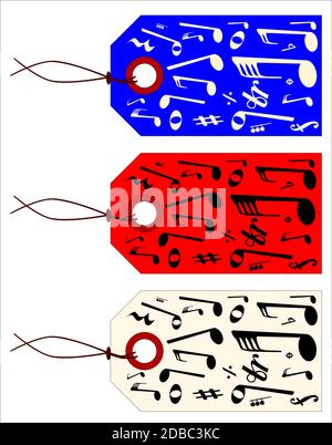 A collection of three music tags on a colourful coloured background. Stock Photo