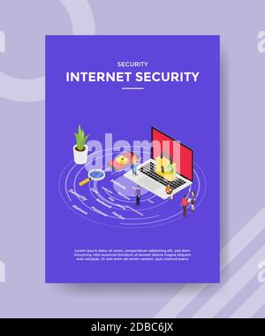 Internet security people padlock on laptop for template of banner and flyer for printing magazine cover and poster with flat cartoon style Stock Vector