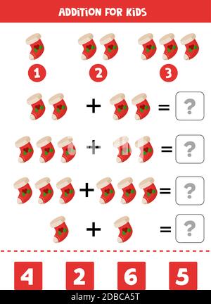 Solve the math equation. Cartoon Christmas sock. Stock Vector