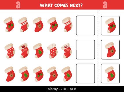 What comes next logical game. Set of cartoon Christmas socks. Stock Vector