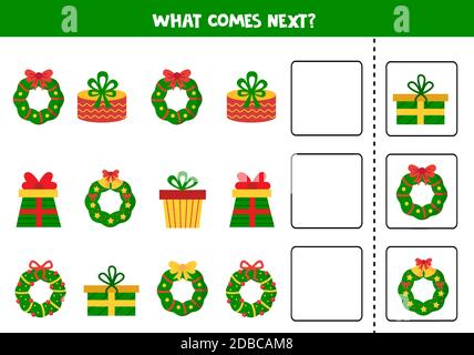 What comes next logical game. Cartoon Christmas wreaths and gifts. Stock Vector