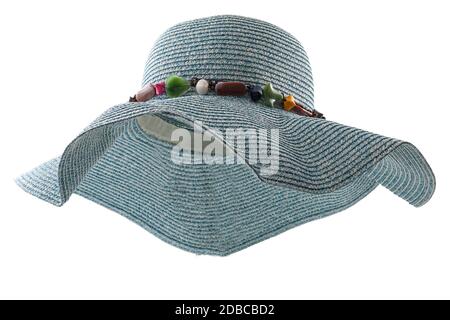 Summer vacation protective wear conceptual idea with blue floppy straw hat isolated on white background with clipping path cutout, showing the interio Stock Photo