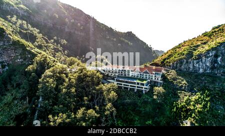 Panoramic mountains view from Hotel Eira do Serrado viewpoint above the Nun's Valley on Madeira Island Portugal. Stock Photo