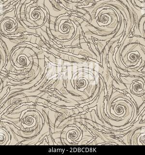 Beige smooth lines corners and spirals with torn edges on a brown background vector seamless pattern.Abstract geometric texture in pastel colors Stock Vector