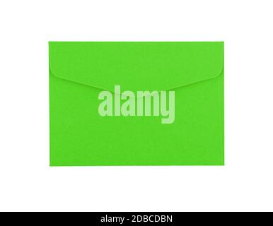 Closed blank vivid green paper envelope isolated on white background, flat lay, directly above Stock Photo
