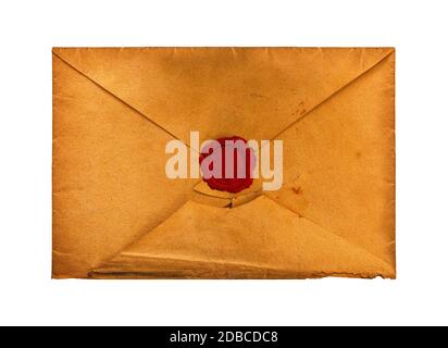 Close up old vintage weathered brown paper blank mailing envelope with retro styled red wax seal, elevated top view, directly above Stock Photo