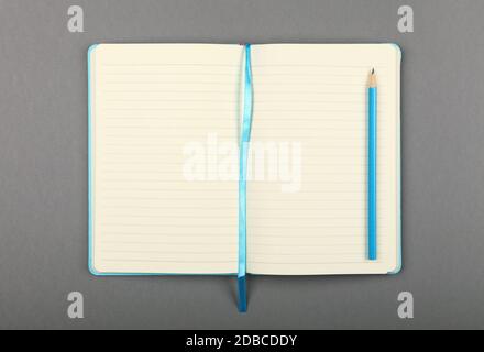 One open leather cover notebook with blue pencil over grey paper background, flat lay, directly above Stock Photo