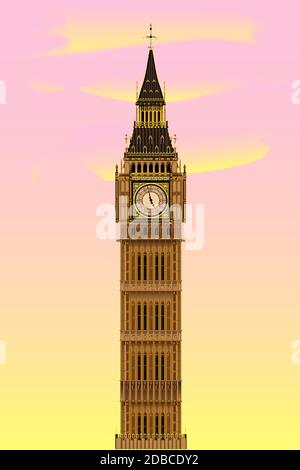 The London landmark Big Ben Clocktower at dawn against a pink and yellow sky. Stock Photo