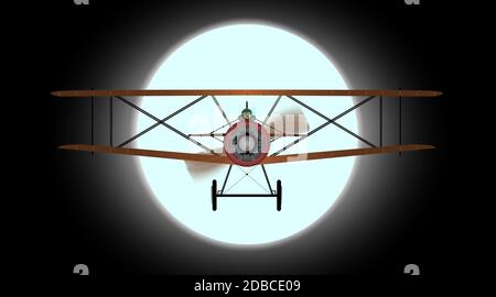A WWI RFC fighter plane flying against the full moon. Stock Photo