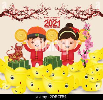 Happy Chinese new year 2021 chinese gold ingots, the year of the ox zodiac, cute cow Cartoon calendar, year of Ox , Cute Pig , happy boy and girl stan Stock Vector