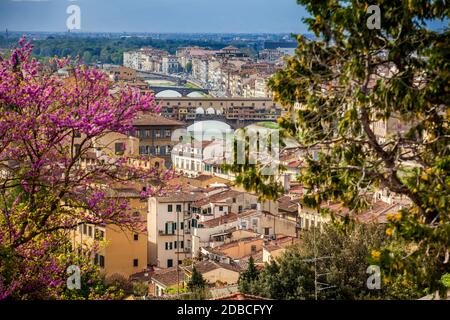 View of the beautiful city of Florence from the Giardino delle rose in an early spring day Stock Photo