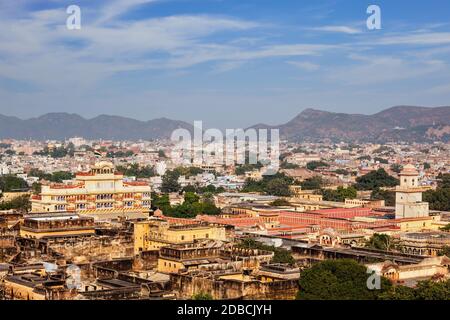 Aerial view of Jaipur (view from Isar Lat (Swargasuli) Tower) City Palace complex. On the left is Chandra Mahal with the flag of the royal family. Jai Stock Photo