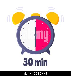 Thirty minutes on analog clock face flat style design vector illustration icon sign isolated on white background. Stock Vector