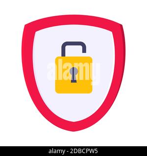 Shield with open padlock on it security protection warning symbol. Stock Vector