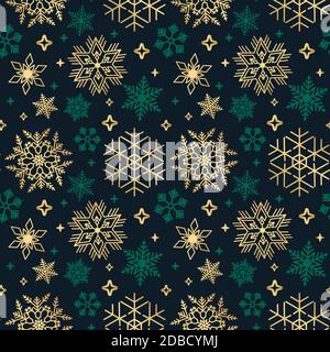 Seamless Christmas background with different snowflakes on black Stock Vector