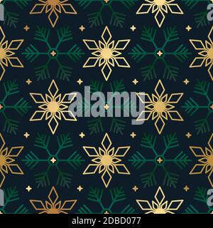 Seamless Christmas background with scattered gold and green snowflakes Stock Vector