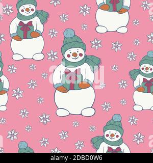 Vector seamless pattern of snowmen and snowflakes on a light pink background. New year Christmas design. Stock Vector
