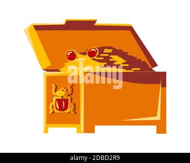 Open vintage chest with gold coins and the symbol of egyptian scarab beetle, pharaoh treasure cartoon vector illustration Stock Vector