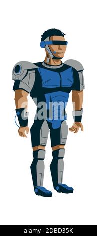 Robot evolution, man in metal exoskeleton, artificial intelligence technological progress cartoon vector in blue color Robots development Stock Vector