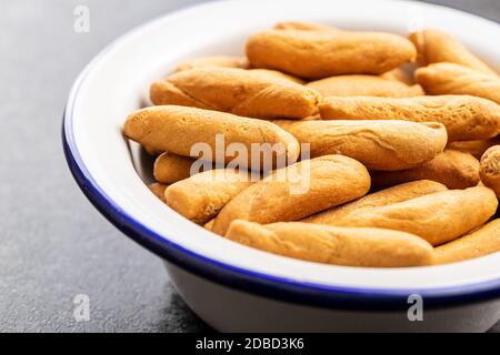 Mini bread sticks in bowl. Stock Photo