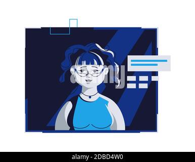 Modern people avatar in casual clothes, vector cartoon illustration. Woman with individual face and hair, in light digital frame on dark blue computer background, picture for web profile Stock Vector