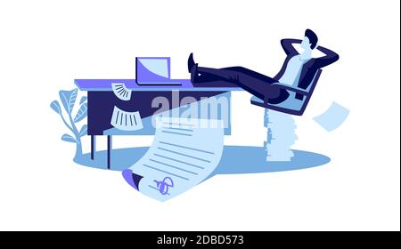 Happy businessman sits with his legs thrown on the table, a contract is successfully concluded, cartoon vector illustration Stock Vector