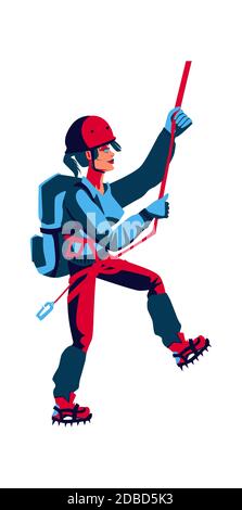 Girl rock climber in sports equipment with a backpack behind her back climbs up, cartoon vector illustration isolated on a white background Stock Vector