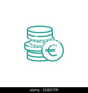 Stack of euro coins with coin in front of it. Flat black icon. Isolated on white. Economy, finance, money pictogram. Wealth symbol. Vector illustratio Stock Vector