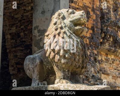 Stone lion statue at Prasat Tao - Sambor Prei Kuk, Cambodia Stock Photo