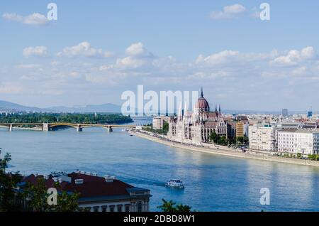 Cityscape of central Budapest with parliament building, Danube river and Sziget park. Stock Photo