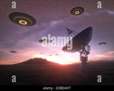 Huge antenna dish for communication and signal reception out of the planet Earth. Observatory searching for radio signal in space at sunset. Contact w Stock Photo