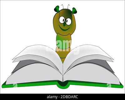 A bookworm cartoon. The book worm is eagerly examining a new hardback book  Stock Photo - Alamy