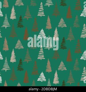 Seamless pattern with simple minimalist christmas trees decorated. Hand drawn doodle sketch drawing with ink. Doodle holiday fir for wrapping paper an Stock Vector