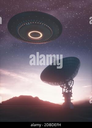 Huge antenna dish for communication and signal reception out of the planet Earth. Observatory searching for radio signal in space at sunset. Contact w Stock Photo