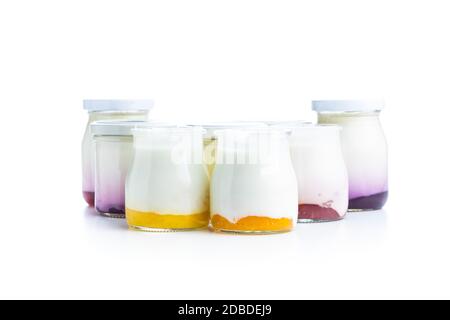 White fruity yogurt in jar isolated on white background. Stock Photo