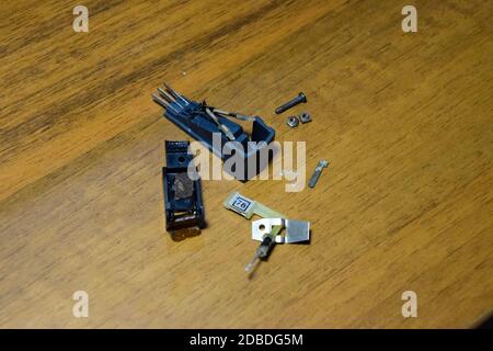 Disassembled vinyl player pickup with a rotary needle. Stock Photo