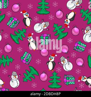 Christmas and New Year seamless pattern. Winter background with snowman, penguin, gift box, fir tree and ball on red background. Vector illustration Stock Vector