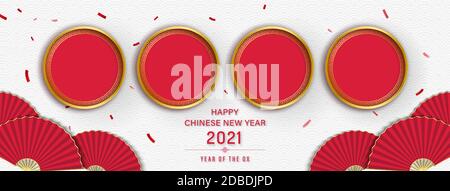 Happy Chinese new year 2021 banner background with empty red circles for your texts or pictures Stock Vector