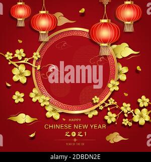 Happy Chinses New Year text and Chinese letter means ox for year 2021 on red oriental style background Stock Vector