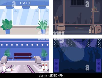 Weekend entertainment spot flat color vector illustration set Stock Vector